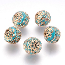 Sky Blue Handmade Indonesia Beads, with Metal Findings, Round, Light Gold, Sky Blue, 19.5x19mm, Hole: 1mm