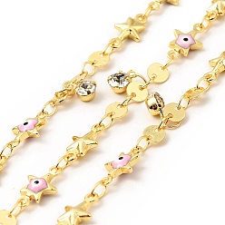 Pink Enamel Star with Evil Eye & Brass Flat Round Link Chains, with Clear Glass Charms, Soldered, with Spools, Real 18K Gold Plated, Pink, 11x6x2.7mm, 10.5x5.5x2.3mm