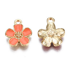 Coral Eco-Friendly Zinc Alloy Pendants, with Enamel, Cadmium Free & Nickel Free & Lead Free, 5- Petal Flower, Light Gold, Coral, 16x13x3mm, Hole: 1.8mm