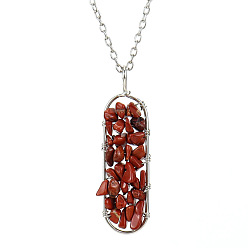 Red Jasper Natural Red Jasper Chips Beaded Oval Pendant Necklaces, with Cable Chains, 20.87 inch(53cm)