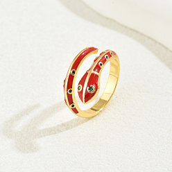 Красный Кольца-змеи из латуни с кубическим цирконием для женщин, эмалевые манжеты, красные, внутренний диаметр: 16~18 мм