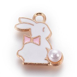 Pink Zinc Alloy Bunny Pendants, with Enamel and ABS Plastic Imitation Pearl, Rabbit, Light Gold, Pink, 16.5x13.5x1mm, Hole: 1.5mm