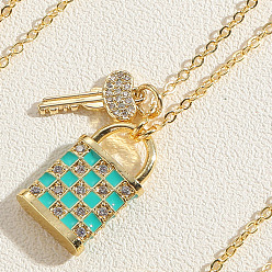 Turquoise Real 14K Gold Plated Brass Cubic Zircon Pendant Necklace, Valentine's Day Theme Enamel Lock & Key Jewelry for Women, Turquoise, 17.72 inch(45cm)