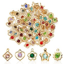 Mixed Color 50Pcs 5 Style Rack Plating Iron Charms, with Rhinestone, Heart & Flower & Rhombus & Round, Cadmium Free & Nickel Free & Lead Free, Light Gold, Mixed Color, 15~16.5x12~14x5~10mm, Hole: 1.2~1.5mm, 10Pcs/style