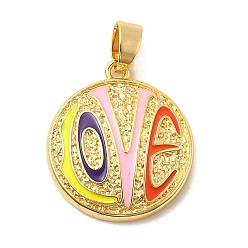 Разноцветный Латунь эмаль подвески, плоские круглые прелести, без свинца и без кадмия, долговечный, стойки покрытие, реальный 18 k позолоченный, красочный, 22.5x20x4.5 мм, отверстие : 3.5x6 мм