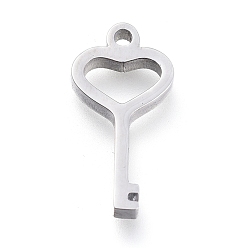 Stainless Steel Color 304 Stainless Steel Pendants, Laser Cut, Heart Key, Stainless Steel Color, 13x6.5x1.7mm, Hole: 1mm