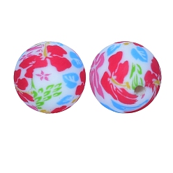 Red Round with Flower Print Pattern Food Grade Silicone Beads, Silicone Teething Beads, Red, 15mm