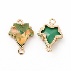 Olivine Brass with K9 Glass Connector Charms, Golden Maple Leaf Links, Olivine, 20x14x5.5mm, Hole: 1.5mm