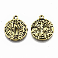 Antique Golden Tibetan Style Alloy Pendants, Saint Benedict Medal, Cadmium Free & Lead Free, Flat Round, Antique Golden, 20x17x2mm, Hole: 1.6mm, about 400pcs/1000g