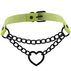 Green (Spades) Fashionable Heart-shaped Black Chain Collar Necklace with Lock, PU Leather Material