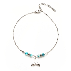 Platinum & Stainless Steel Color 304 Stainless Steel Whale Tail Charm Anklet with Round Natural White Jade Beads for Women, Platinum & Stainless Steel Color, 9-7/8 inch(25cm)