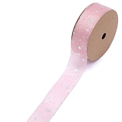 Pearl Pink 20 Yards Silver Stamping Star Organza Ribbons, Garment Accessories, Gift Packaging, Pearl Pink, 1 inch(25mm), 20 Yards/Roll