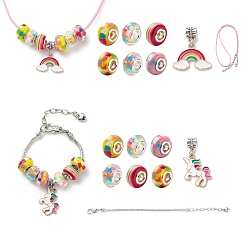Colorful DIY European Bracelet Necklace Making Kit for Kid, Including Brass Chain Bracelet & Wax Rope Necklace Making, Large Hole Style Alloy Pendant & Resin Beads, Colorful, Pendant: 27.5~30mm, Hole: 5mm, 16Pcs/set