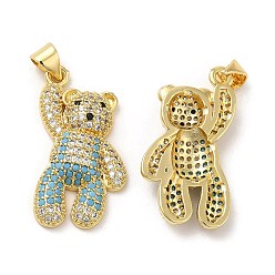 Light Sky Blue Brass Pendants, with Cubic Zirconia, Lead Free & Cadmium Free, Bear Charms, Real 18K Gold Plated, Light Sky Blue, 27.5x16x4.5mm, Hole: 5.3x3.2mm