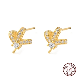 Real 18K Gold Plated 925 Sterling Silver Stud Earring Findings, with Clear Cubic Zirconia, Bowknot, for Half Drilled Beads, with S925 Stamp, Real 18K Gold Plated, 10x8.5mm, Pin: 11x1mm and 0.9mm