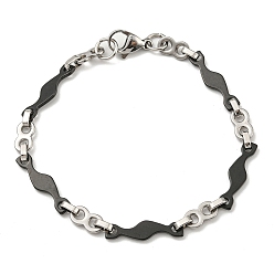 Black Two Tone 304 Stainless Steel Wave & Infinity Link Chain Bracelet, Black, 8-3/8 inch(21.4cm), Wide: 6mm