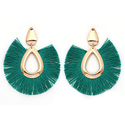 Green Alloy Teardrop Stud Earrings, Bohemia Style Horseshoe Tassel Dangle Earrings for Women, Green, 80x68mm