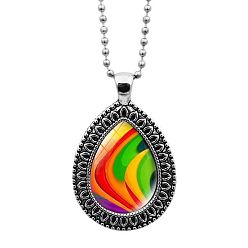 Colorful Glass Teardrop with Mandala Flower Pendant Necklace with Ball Chains, Platinum Alloy Jewelry for Women, Colorful, 23.62 inch(60cm)