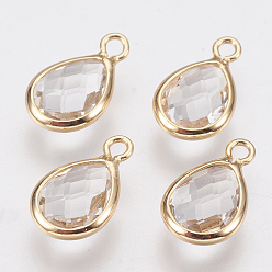 Real 18K Gold Plated Glass Charms, with Brass Findings, Faceted Teardrop, Clear, Nickel Free, Real 18K Gold Plated, 12x7x3mm, Hole: 1.2mm