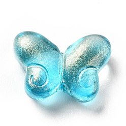 Cyan Transparent Baking Paint Glass Beads, with Glitter Powder, Butterfly, Cyan, 10x14x5.5mm, Hole: 1mm