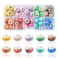Mixed Color 60pcs 10 Colors Opaque Resin European Beads, Imitation Crystal, Two-Tone Large Hole Beads, with Silver Tone Brass Double Cores, Rondelle, Mixed Color, 14x9.5mm, Hole: 5mm, 6pcs/color