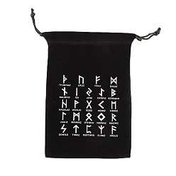 Black Runes Velvet Jewelry Storage Drawstring Pouches, Rectangle Jewelry Bags, for Witchcraft Articles Storage, Black, 18x12cm