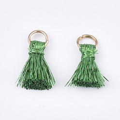 Green Polyeter Tassel Pendants, with Metallic Cord and Iron Jump Rings, Golden, Green, 10~15x5~8mm, Hole: 3.5mm