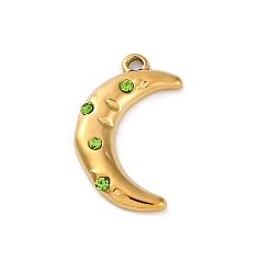 Перидот 304 из нержавеющей стали горный хрусталь подвески, ионное покрытие (ip), луна, реальный 14 k позолоченный, перидот, 22x13x3 мм, отверстие : 1.6 мм