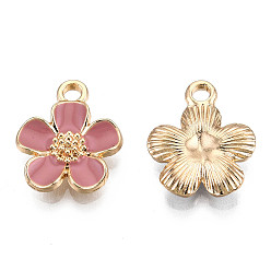 Rosy Brown Eco-Friendly Zinc Alloy Pendants, with Enamel, Cadmium Free & Nickel Free & Lead Free, 5- Petal Flower, Light Gold, Rosy Brown, 16x13x3mm, Hole: 1.8mm