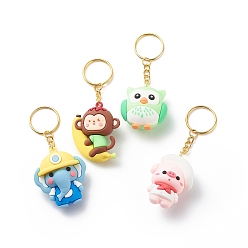 Mixed Color Cartoon Animal Keychain, Owl & Pig & Monkey & Elephant PVC Plastic Pendant Keychain, with Iron Findings, Mixed Color, 9.2~9.7cm, 4pcs/set