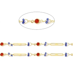 Blue Real 18K Gold Plated Brass Oval & Flat Round Link Chains, with Glass Beaded, Soldered, with Spool, Lead Free & Cadmium Free & Nickel Free, Blue, 10x4.5x1.7mm, 15x2.5x0.3mm