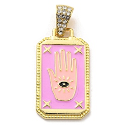 Pearl Pink Rack Plating Alloy Enamel Pendants with Crystal Rhinestone Pendants, Rectangle Charms with Palm, Long-Lasting Plated, Lead Free & Cadmium Free, Golden, Pearl Pink, 36x20.5x2.5mm, Hole: 9.5x5.3mm