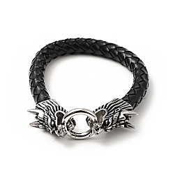 Antique Silver Leather Braided Round Cord Bracelet, 304 Stainless Steel Dragon Head Clasps Gothic Bracelet for Men Women, Antique Silver, 8-3/4 inch(22.3cm)