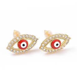 Red Enamel Horse Eye Stud Earrings with Clear Cubic Zirconia, Gold Plated Brass Jewelry for Women, Cadmium Free & Lead Free, Red, 8x14mm, Pin: 0.8mm