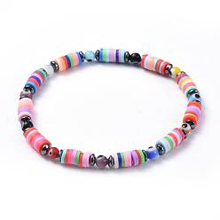 Mixed Color Polymer Clay Heishi Beads Beads Stretch Bracelets, with Round Handmade Evil Eye Lampwork Beads and Non-Magnetic Synthetic Hematite Beads, Mixed Color, 2-1/8 inch(5.5cm), 4.5mm
