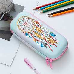 Feather DIY Pencil Case Diamond Painting Kits, Including Resin Rhinestones, Pen, Tray & Glue Clay, Woven Net/Web with Feather, 10mm