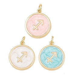 Sagittarius Brass Enamel Pendants, Flat Round & Constellation Charms, Rack Plating, Long-Lasting Plated, Cadmium Free & Lead Free, Golden, Sagittarius Charms, 17.5x15x2mm, Hole: 3mm