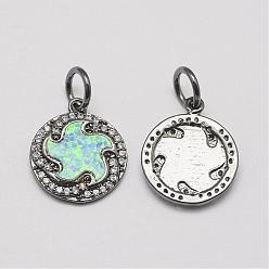 Gunmetal Brass Cubic Zirconia Charms, with Synthetic Opal, Flat Round, Cadmium Free & Lead Free, Gunmetal, 16x13.5x2mm, Hole: 4.5mm