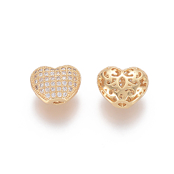 Golden Brass Micro Pave Cubic Zirconia Beads, Hollow, Heart, Clear, Golden, 9x11x5.5mm, Hole: 1.5mm