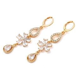 Clear Rack Plating Golden Brass Dangle Leverback Earrings, with Cubic Zirconia, Flower, Clear, 57x14mm