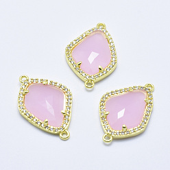 Pearl Pink Brass Micro Pave Cubic Zirconia Links, with Glass, Faceted, teardrop, Golden, Pearl Pink, 27x18x4.5mm, Hole: 1.4mm