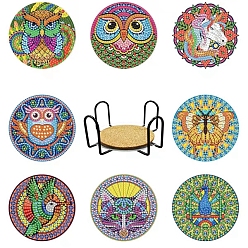 Owl DIY Diamond Painting Animal Pattern Coaster Kits, including Coaster Holder, Resin Rhinestones, Diamond Sticky Pen, Tray Plate & Glue Clay, Owl, 100mm, 8pcs/set