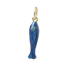 Azul Oscuro Colgantes de esmalte de bronce, encantos de pescado, con anillo de salto, larga duración plateado, chapado en rack, sin plomo y el cadmio, real 18 k chapado en oro, azul oscuro, 27x6x7 mm, agujero: 6 mm