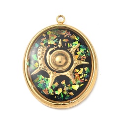 Черный 304 подвески из нержавеющей стали, эпоксидной смолы, с натуральными ракушками и пайетками внутри, овальные с подвесками в форме ракушек, реальный 18 k позолоченный, вакуумное покрытие pvd, чёрные, 25x19.5x3 мм, отверстие : 1.5 мм