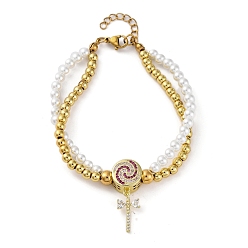 Леденец Латунь многожильных браслеты, браслеты со стразами для женщин, ионное покрытие (ip), реальный 18 k позолоченный, с пластиковой жемчужиной и 304 карабином из нержавеющей стали, леденец, 7-3/8 дюйм(18.6см)+30удлинитель мм