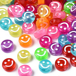 Mixed Color Transparent Acrylic Beads, Flat Round with Enamel Smiling Face, Mixed Color, 9x4.5mm, Hole: 2mm, about 1750pcs/500g