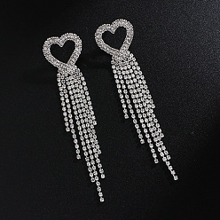 Silver + White diamond Colorful Tassel Earrings with Heart-shaped Pendant and Shiny Rhinestones