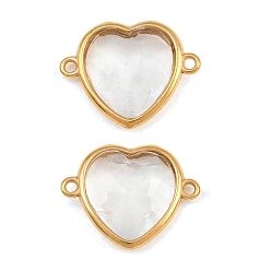 Clear 304 Stainless Steel Glass Connector Charms, Heart Links, Ion Plating(IP), Real 18K Gold Plated, Clear, 15x20x4mm, Hole: 1.3mm