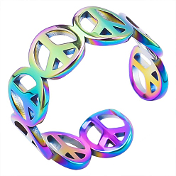 Rainbow Color Stainless Steel Hollow Out Peace Sign Open Cuff Ring for Women, Rainbow Color, Inner Diameter: 17mm