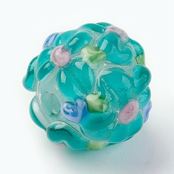 Turquoise Handmade Lampwork Beads, Rondelle with Flower, Bumpy, Turquoise, 14~15x12~13mm, Hole: 1.5~1.8mm